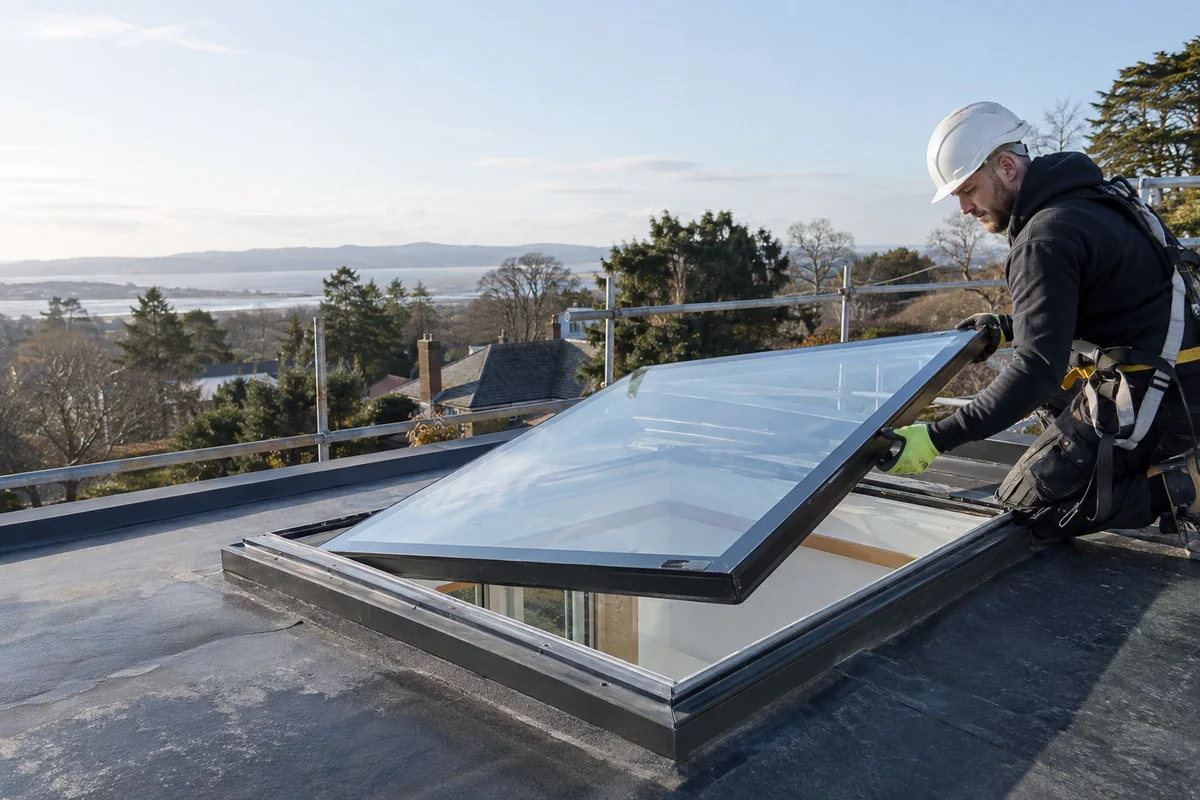 Glazier replacing rooflight glass