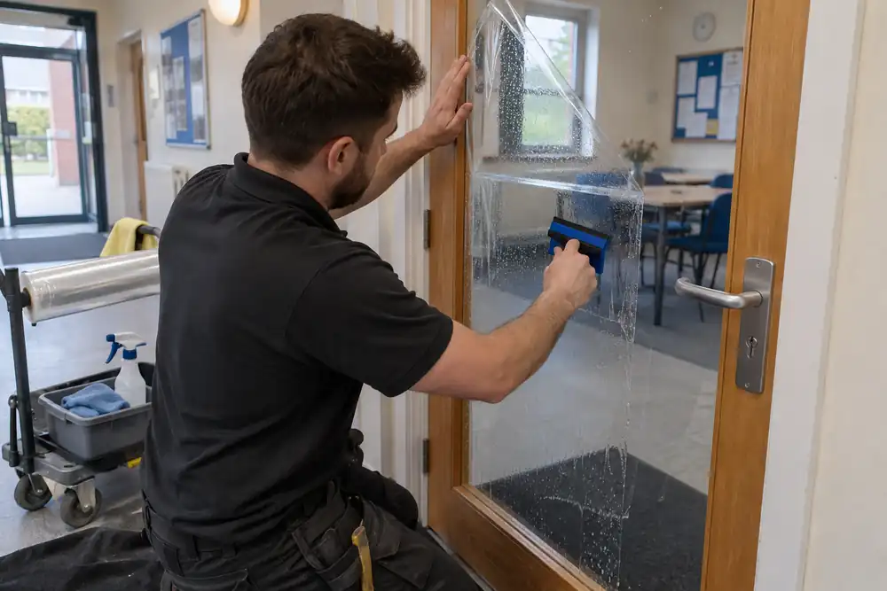 Technician retrofitting clear safety film to a glazed door