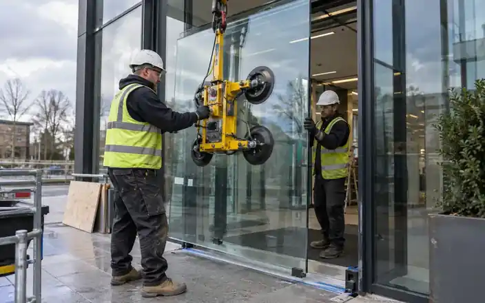 Glazing team installing a large safety-glass entrance panel