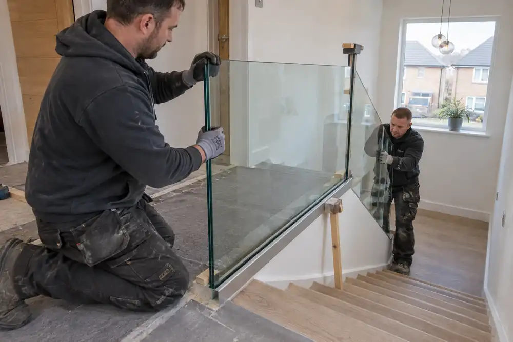 Installers fitting a supported laminated glass stair balustrade panel