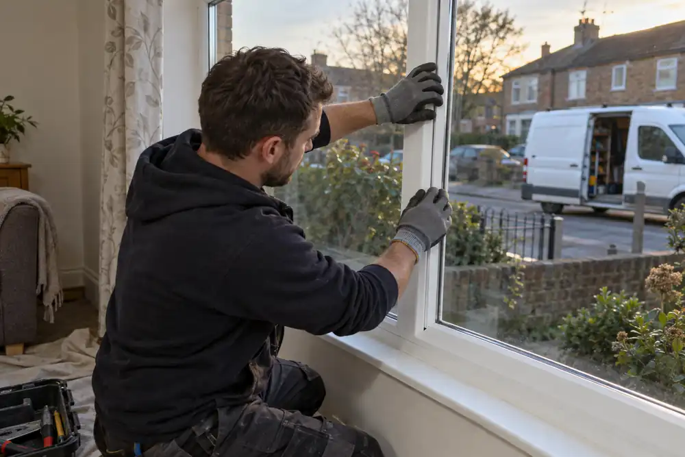 Technician finishing the glazing beads around a replacement sealed window unit