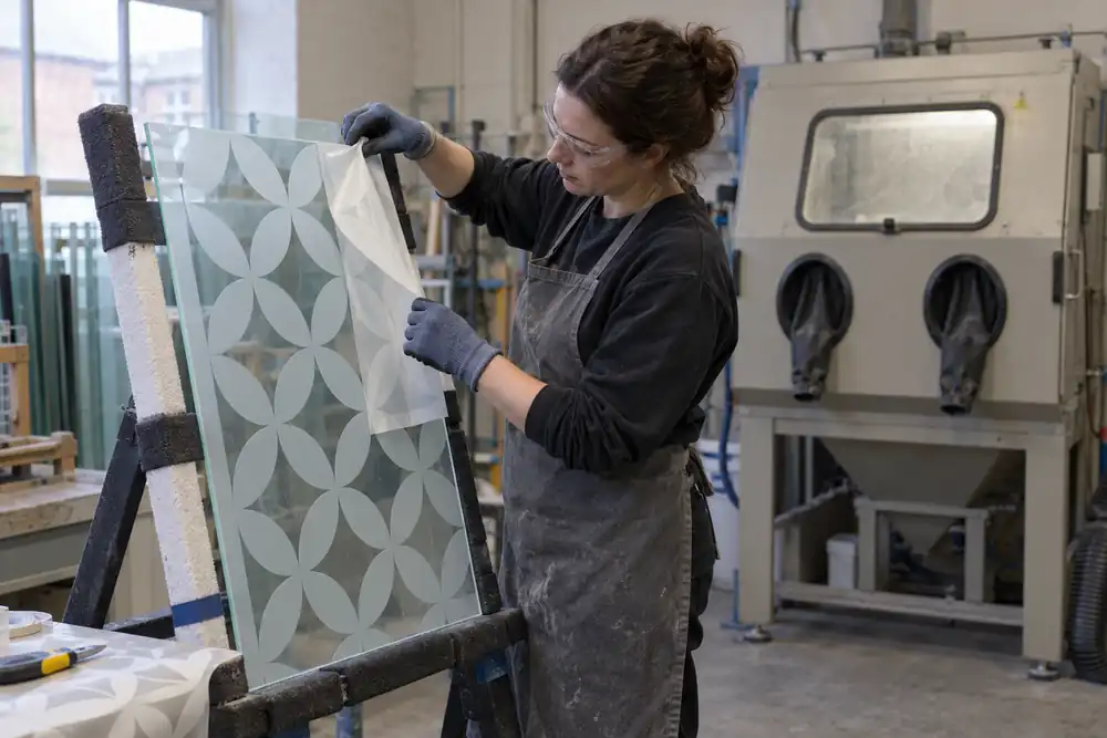 Craftsperson revealing a sandblasted geometric design on glass