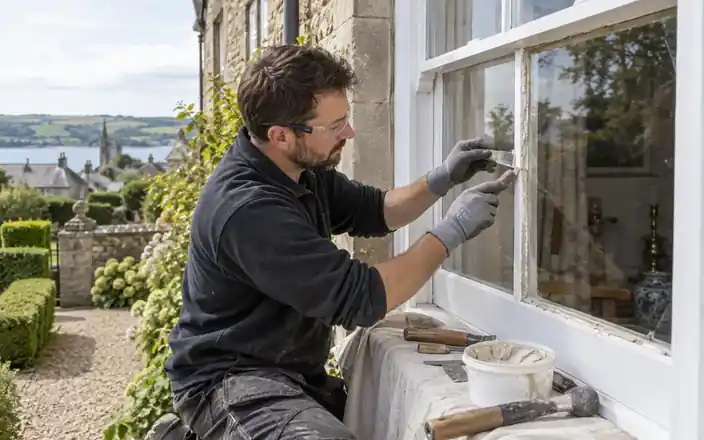Glazier repairing traditional timber sash-window glazing