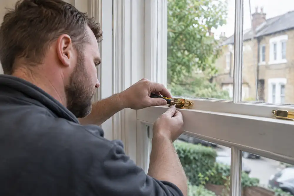 Locksmith aligning a sash fastener on a traditional timber sash window.