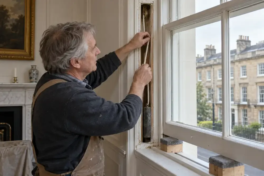 Worker servicing a traditional sash window from indoors