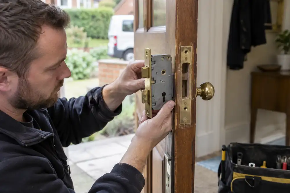 Mortice sashlock with latch and deadbolt beside open timber door edge.