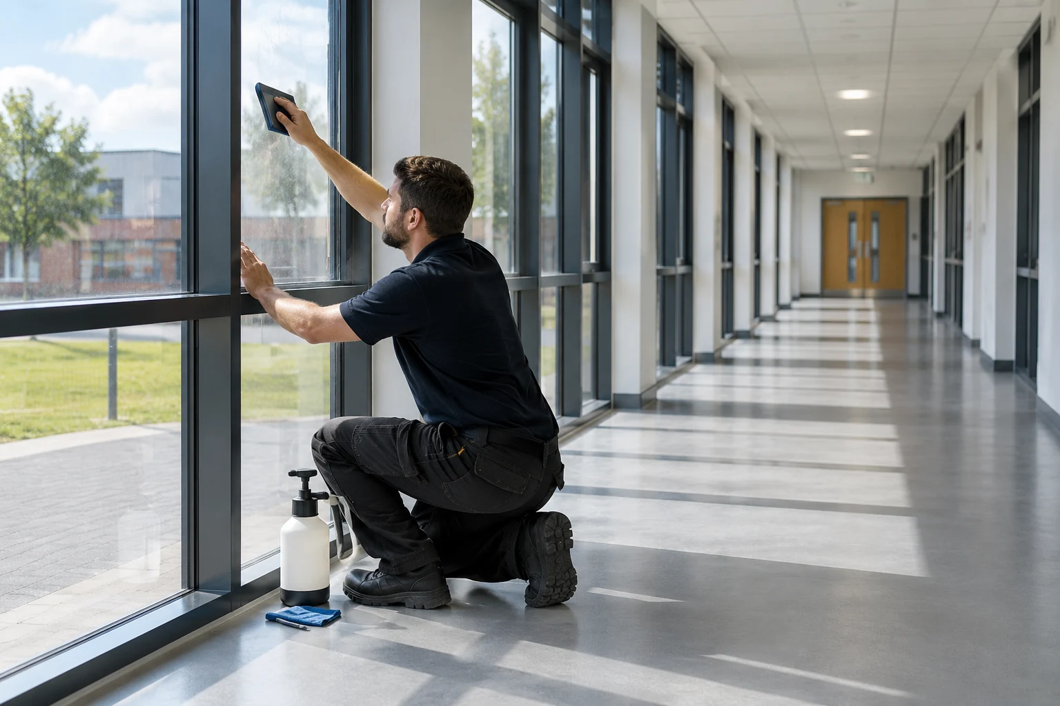 Installer smoothing clear film on school corridor glazing