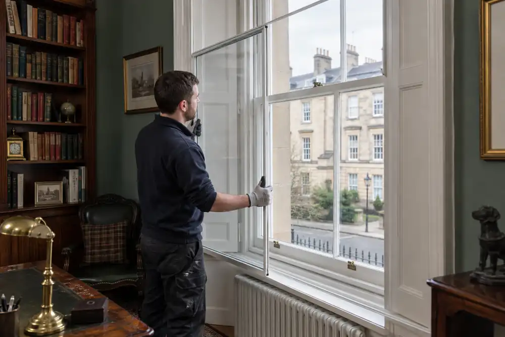Installer fitting secondary glazing inside an existing sash window
