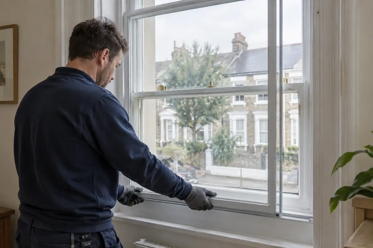 Glazier fitting an internal secondary-glazing panel in front of a sash window