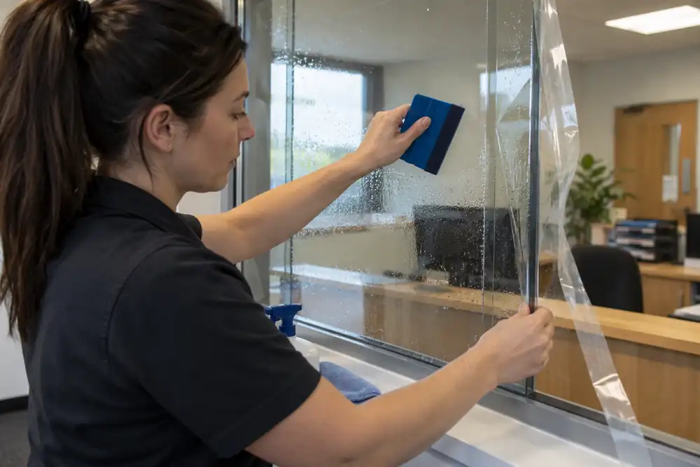 Specialist applying security film to a commercial reception window