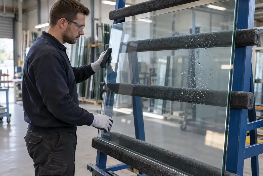 Technician inspecting a coated glass panel in a glazing workshop