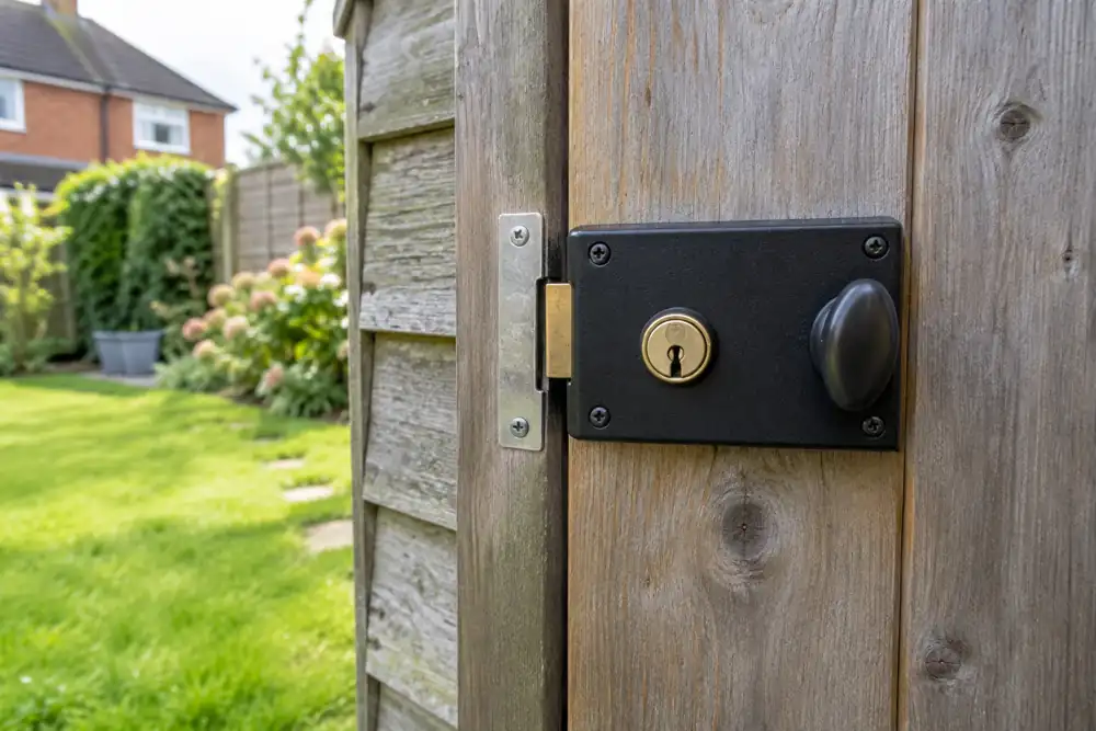Surface-mounted lock on a timber garden shed door.