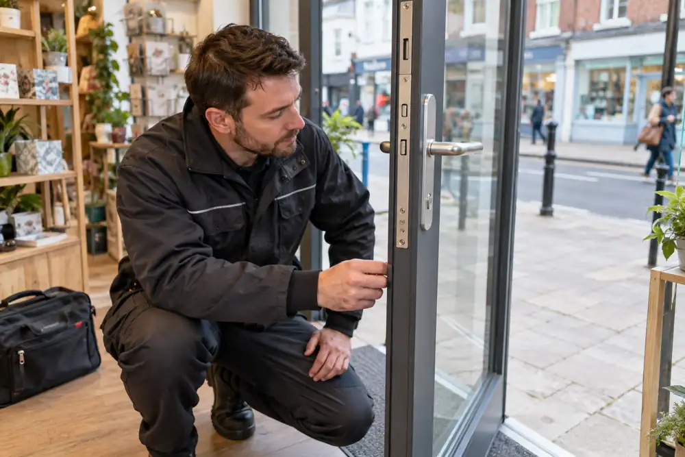 Locksmith inspecting the lock on an open shop entrance.