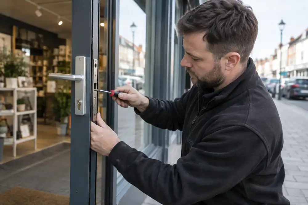Technician fitting replacement lock to open aluminium shop door.