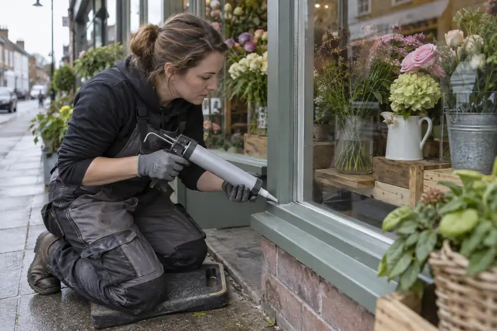 Glazier repairing the perimeter seal around a florist shop window