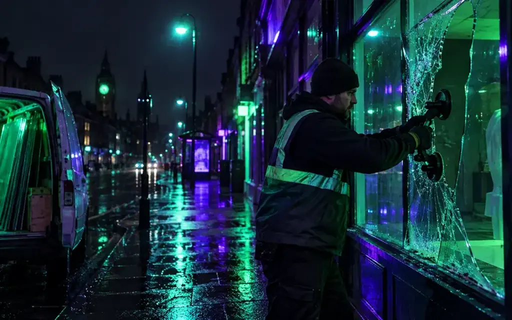 Glazier working on damaged shopfront glass with suction handles
