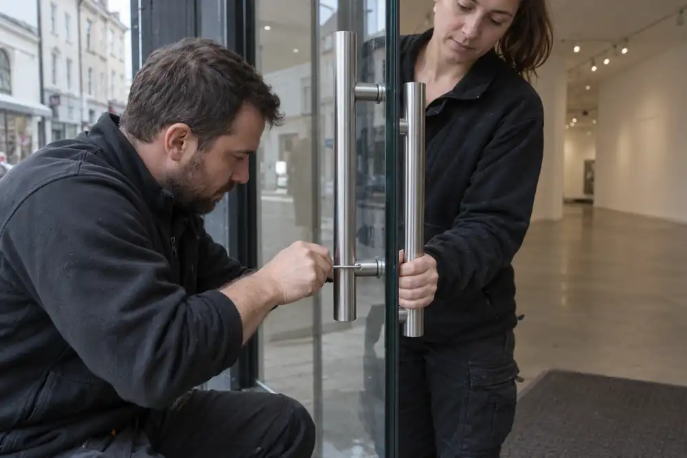 Technician repairing a pull handle on a glazed shop entrance