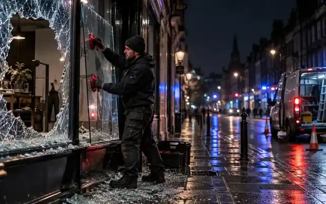 Glazier replacing shattered shopfront glass