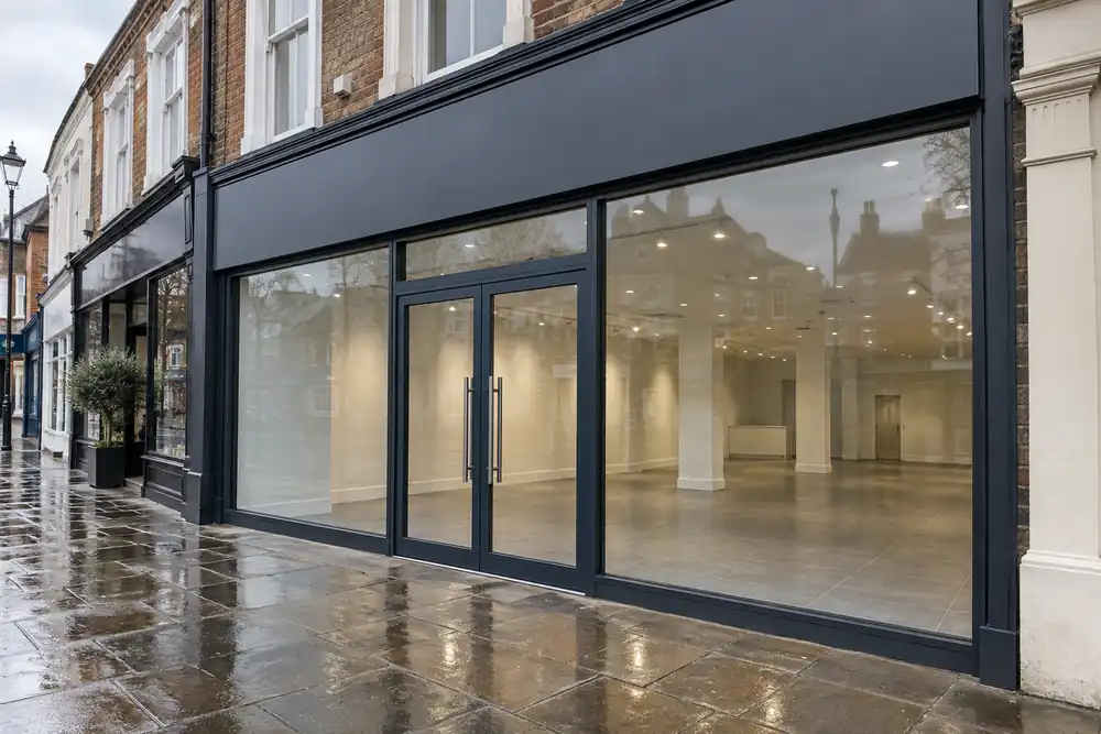 Completed glazed retail shopfront on a British high street