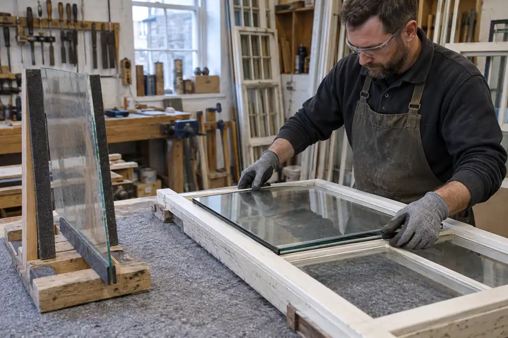Glazier upgrading a timber sash from single to double glazing