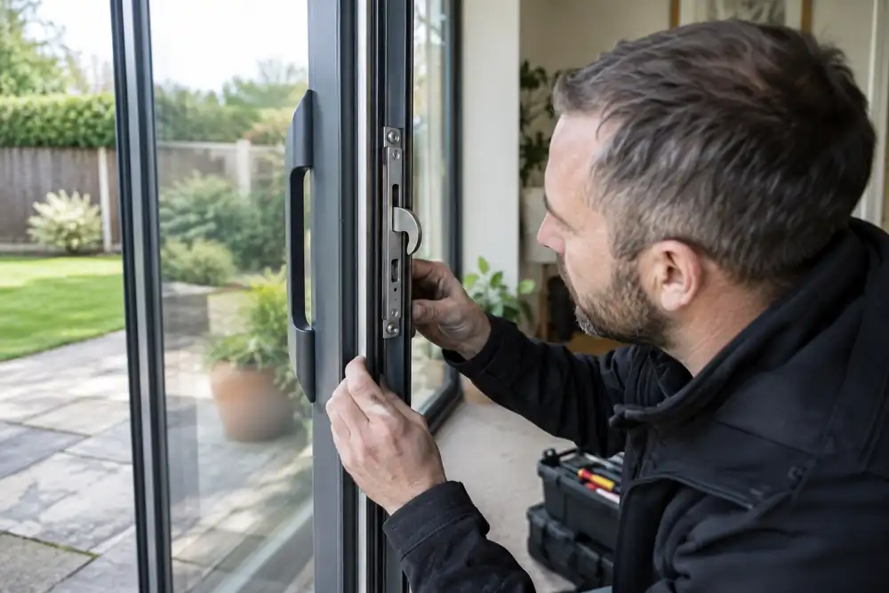 Locksmith examining hook lock on open aluminium sliding door.