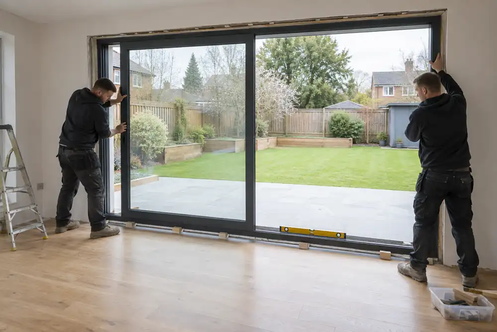 Fitters aligning a new sliding patio door in a garden extension