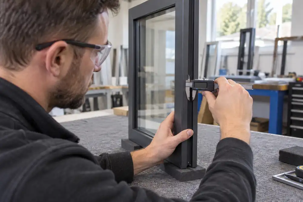 Specialist checking a slim aluminium window profile with calipers