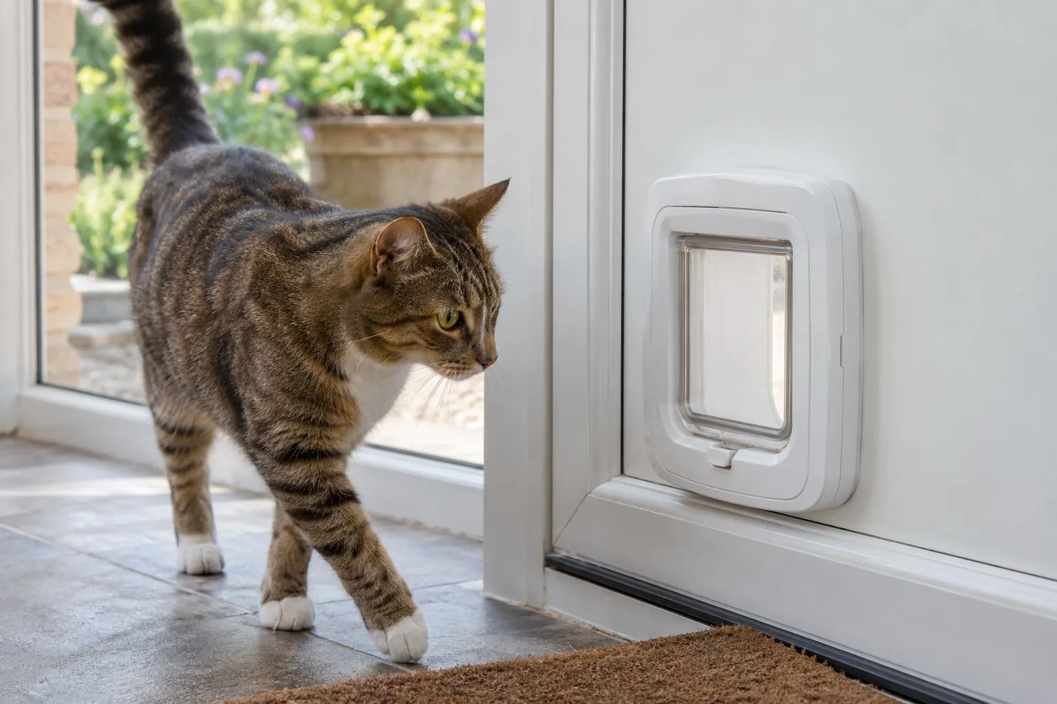 Close photograph of a calm tabby cat approaching a compact white microchip cat flap installed neatly in a clean white back door, translucent flap and smooth frame clearly visible, natural garden light, no printed brand or lettering.
