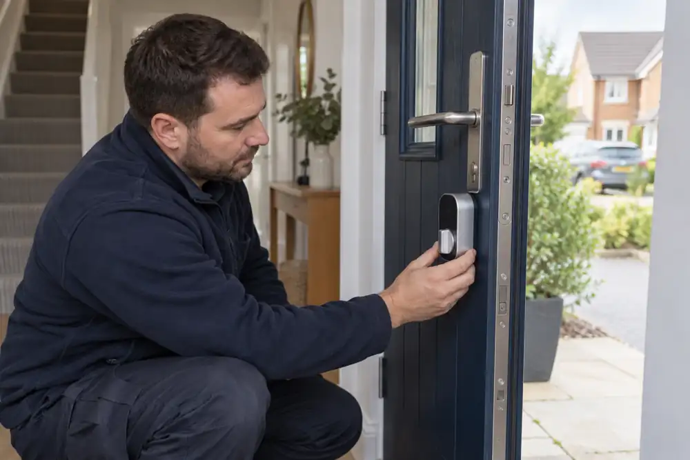 Locksmith checking a modern electronic retrofit thumbturn on a domestic entrance.