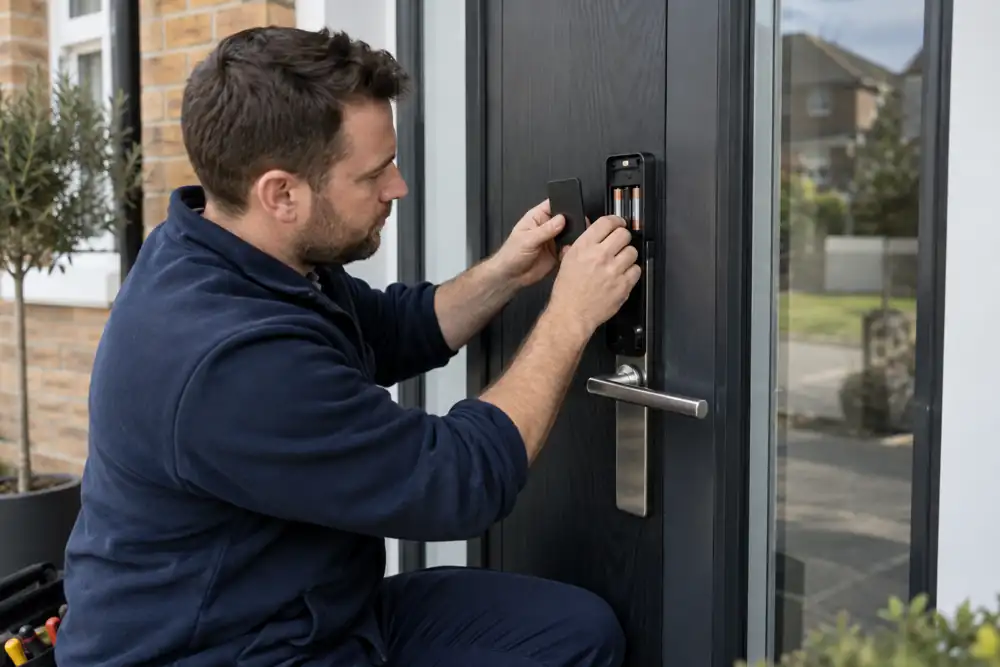 Technician checking battery compartment of electronic smart door lock.