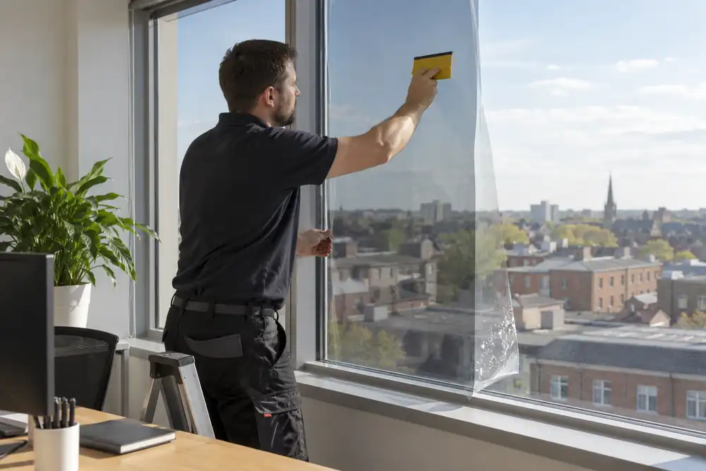Installer applying solar control film to an office window