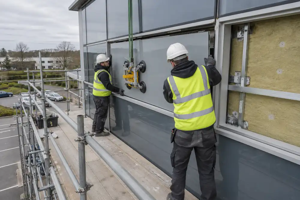 Facade installers fitting an opaque glass spandrel panel