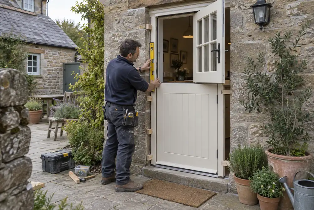 Carpenter installing a glazed stable door at a cottage