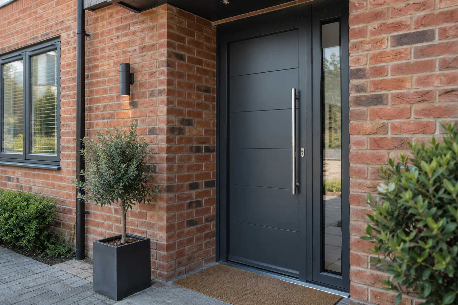 Heavy steel entrance door in a brick entrance