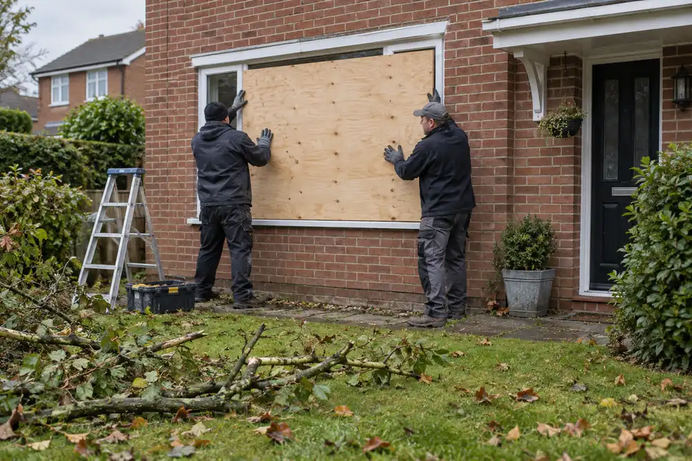 Tradespeople weatherproofing a storm-damaged window with boarding