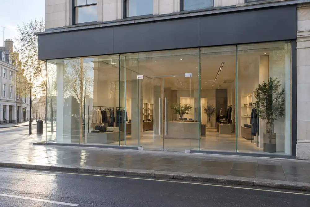 Completed frameless shopfront with glass fins and discreet fittings