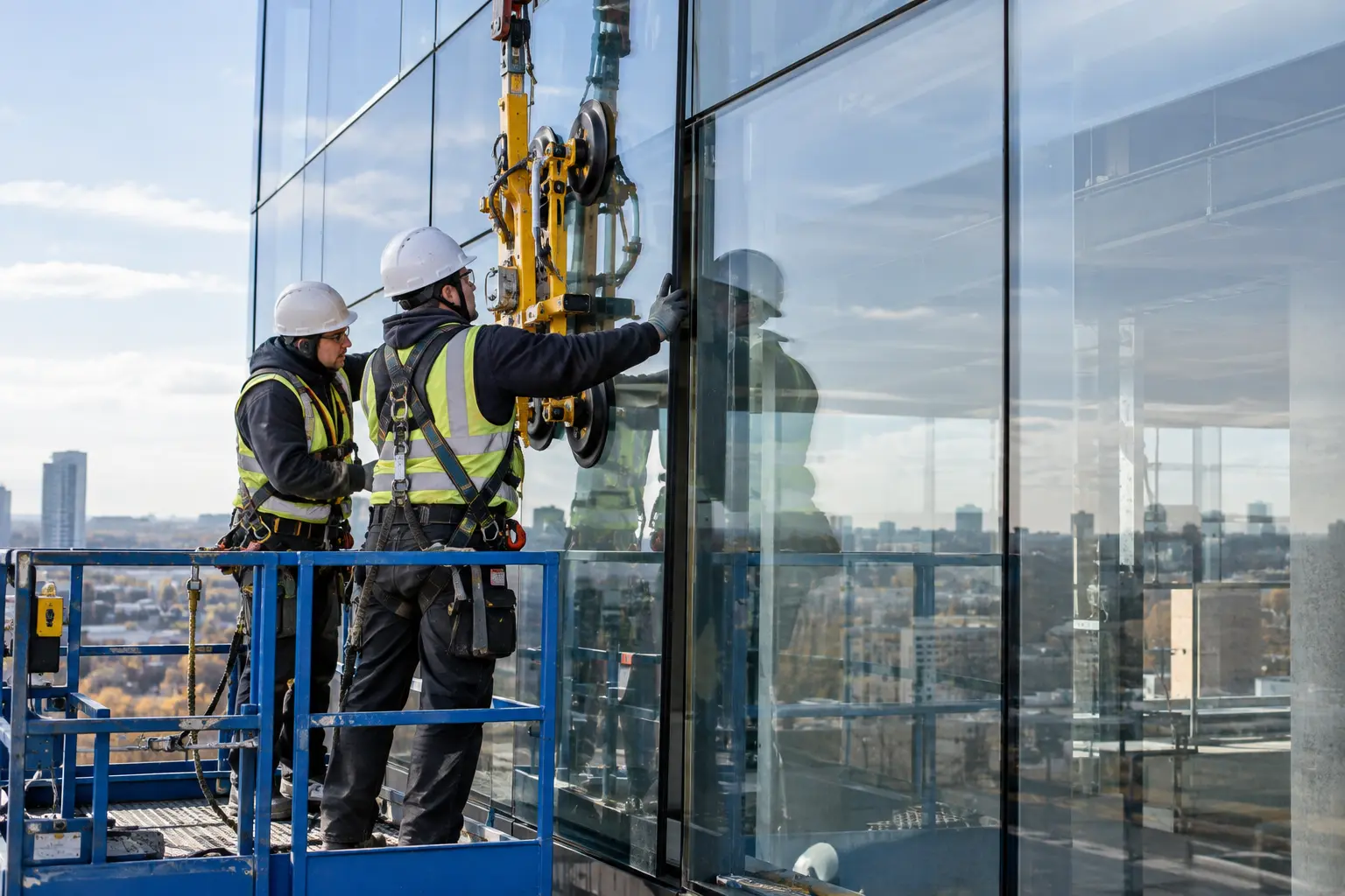 Structural glazing panel installation on a commercial facade