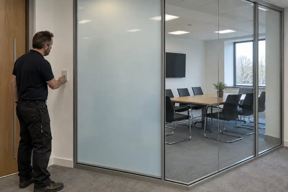 Glazier demonstrating clear and frosted switchable privacy glass