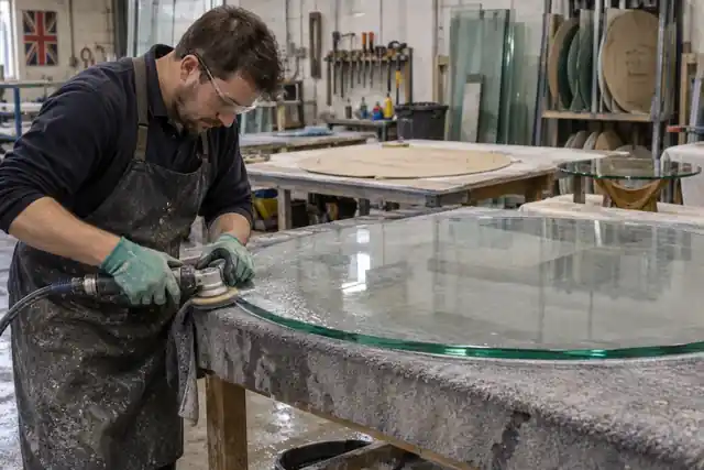 Glass specialist finishing the curved edge of a replacement tabletop