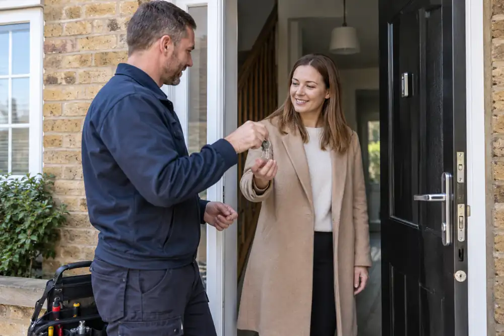Property manager receiving new keys beside open rental entrance.