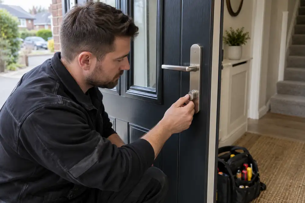 New thumbturn euro cylinder being fitted to an open front door.