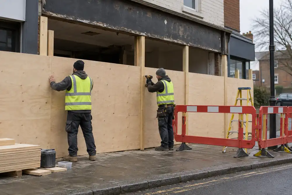 Carpenters installing timber hoarding at a vacant commercial frontage