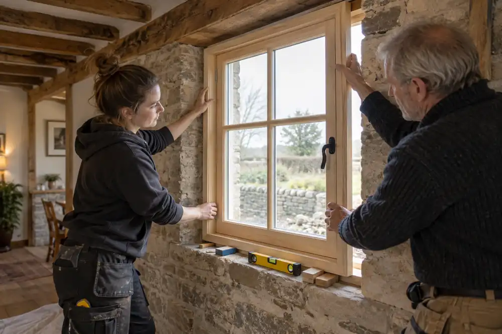 Tradespeople aligning a new timber casement window in a cottage