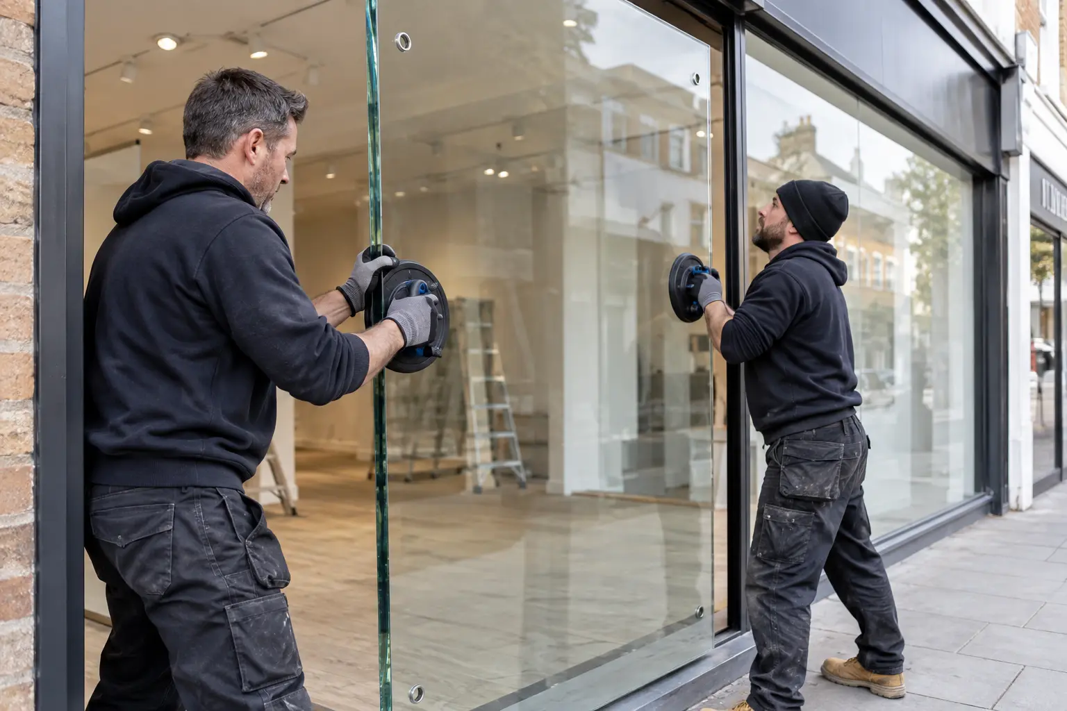 Glazier fitting a toughened glass panel into a shopfront