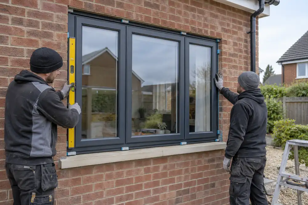 Fitters checking a newly installed triple glazed casement window