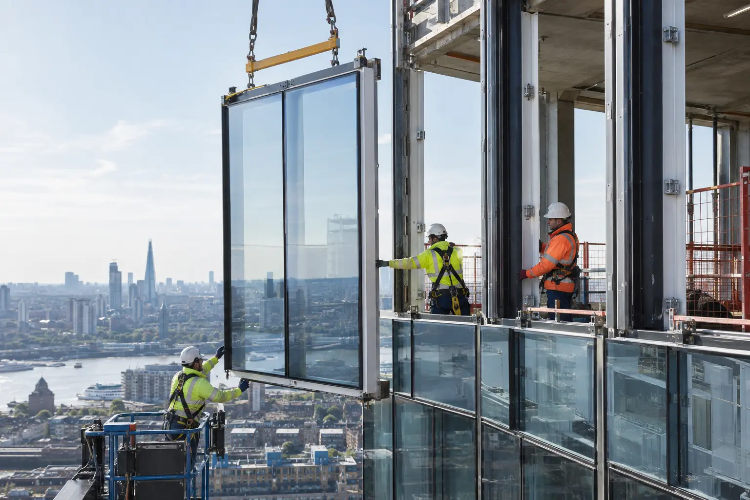 Unitised curtain wall panel being hoisted into position