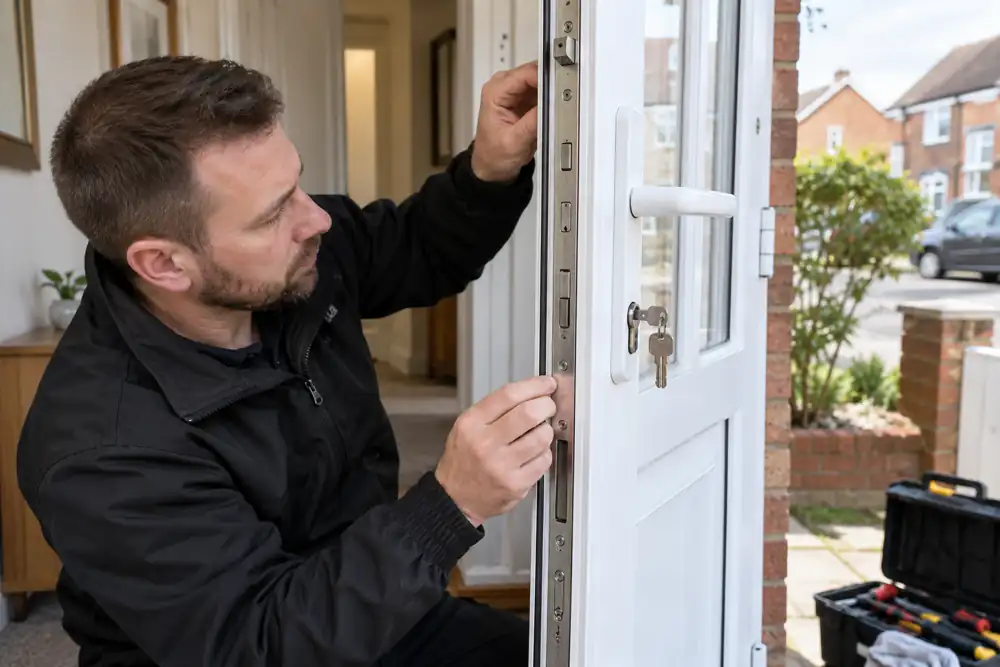 Locksmith inspecting multipoint locking strip on open white uPVC door.
