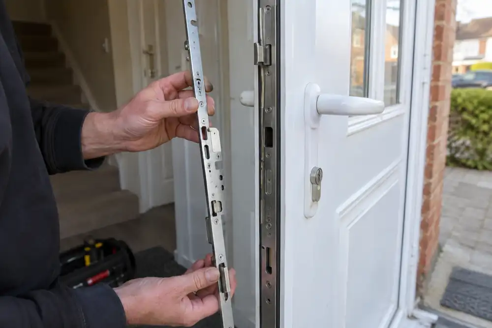 New multipoint strip beside open white uPVC door at house entrance.