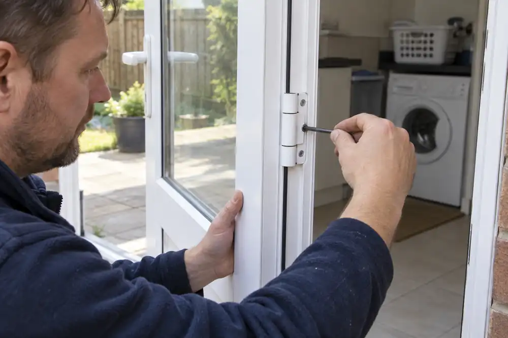 Technician adjusting the flag hinge of a uPVC rear door