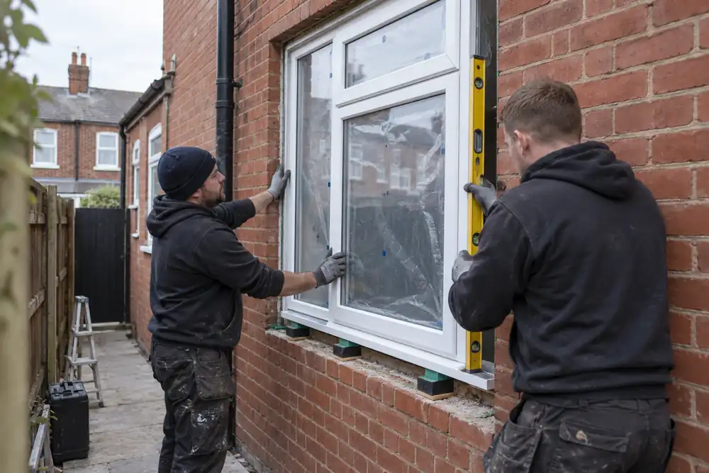 Installers fitting a new uPVC casement window at a brick terrace